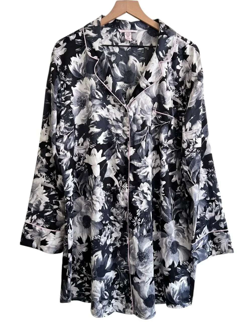 Victorias Secret Black Floral Printed Satin Long Sleeve Sleep Shirt
